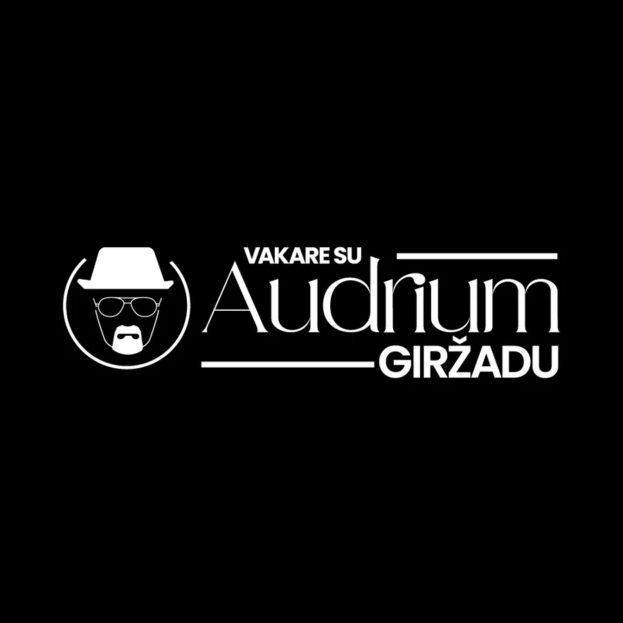 Baltas užrašas „Vakare su Audrium Giržadu“ ir vyro su skrybėle bei akiniais piešinys juodame fone.