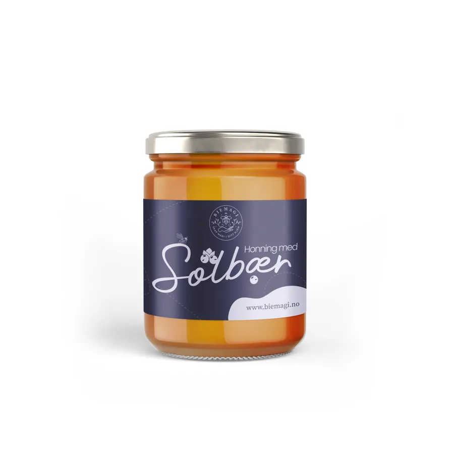Biemagi medaus stiklainio violetinė Solbær etiketė su uogų motyvais ir šviesiu pavadinimu.