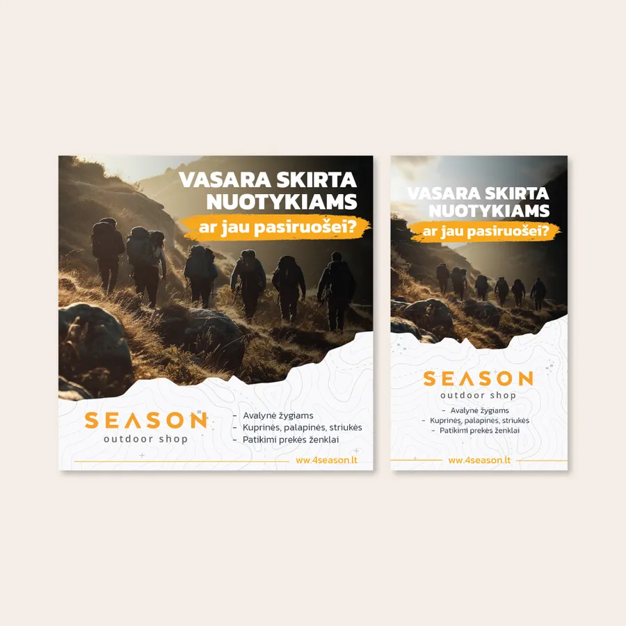 Du „4season“ vasaros reklamos formatai su žygeivių grupe kalnuose ir balta antrašte virš nuotraukos.