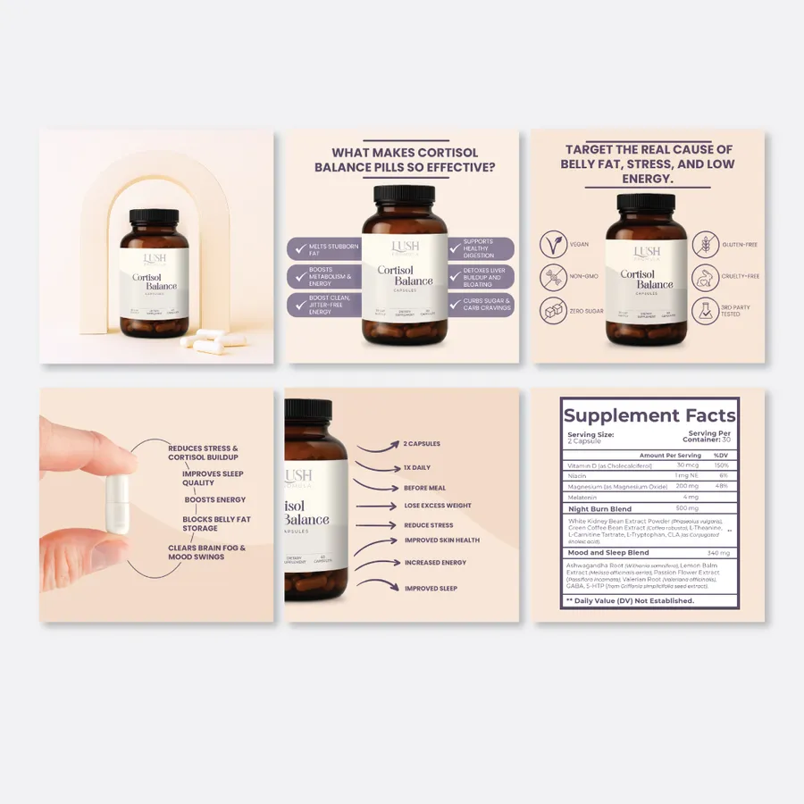 Šeši šviesūs „Cortisol Balance Plus“ maketai su papildų buteliuku, kapsule, informacijos blokais ir sudėties lentele.