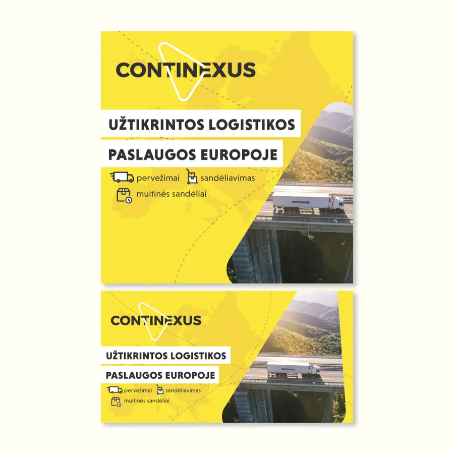 Geltoni vertikalus ir horizontalus „Continexus“ reklamos maketai su logistikos paslaugų užrašais ir transporto nuotraukomis.