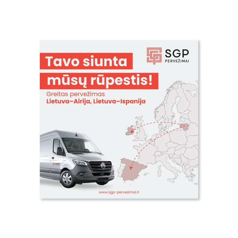 „SGP pervežimai“ reklamos maketas su raudona antrašte, mikroautobuso nuotrauka ir Europos žemėlapiu.